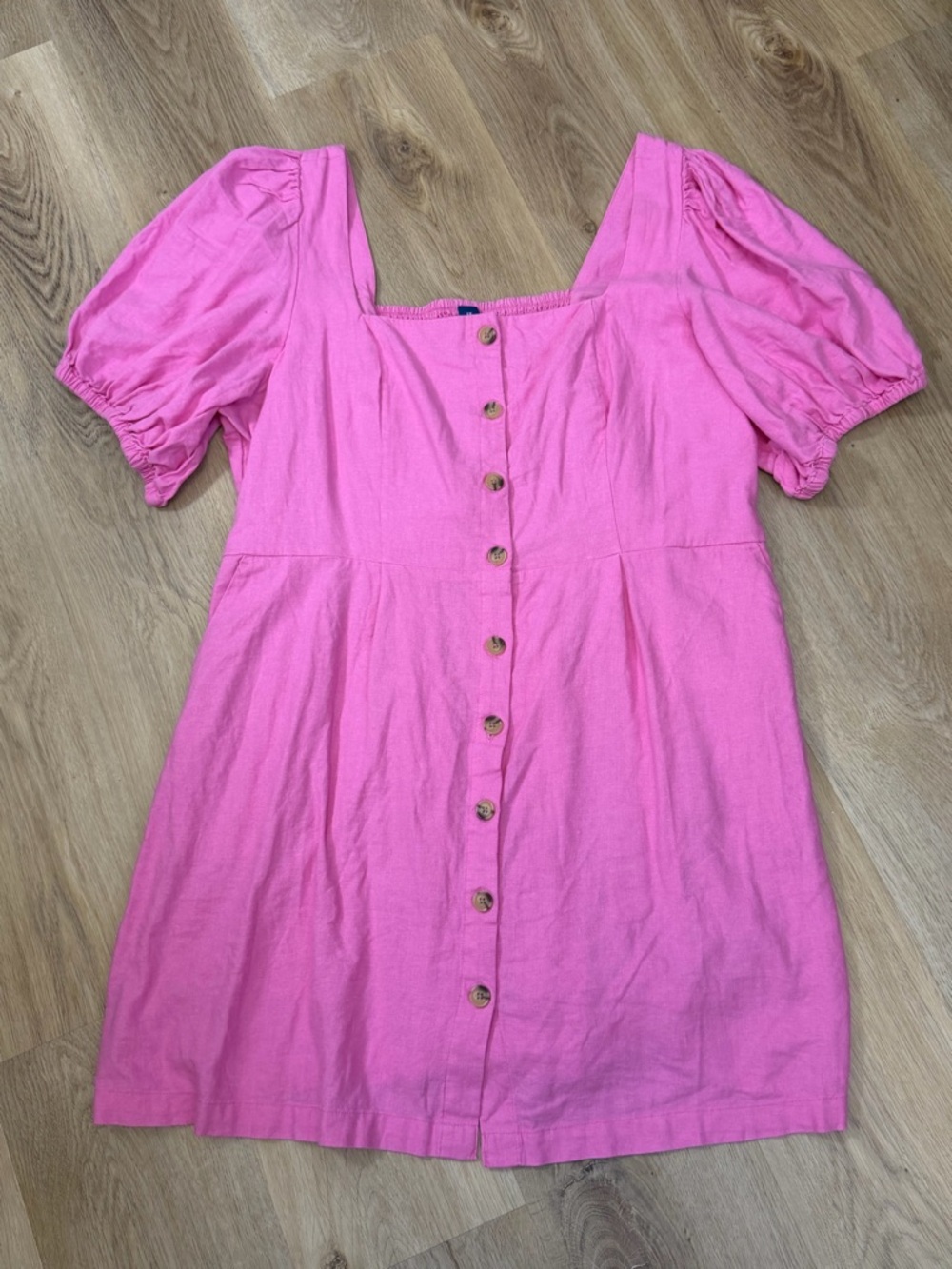 Old Navy Pink Button-Front Puff Sleeve Linen Dress